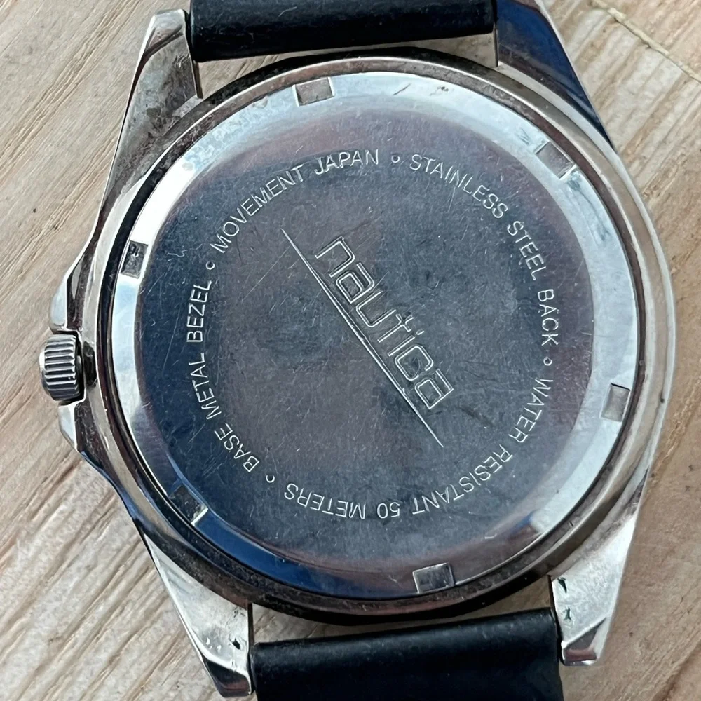 Nautica Vintage Chronograph Style Men’s Watch Black Dial Black Leather Strap